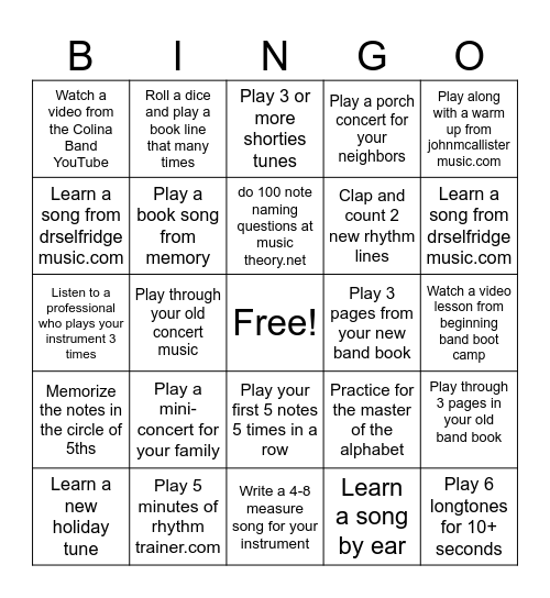 Winter Break Bingo! Beginning Band Edition Bingo Card