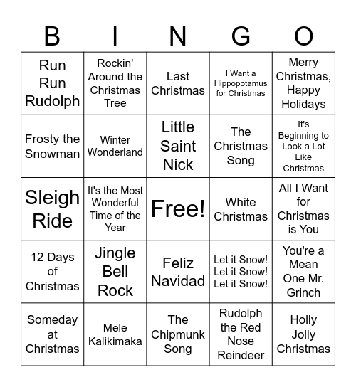 Christmas Song Bingo Card