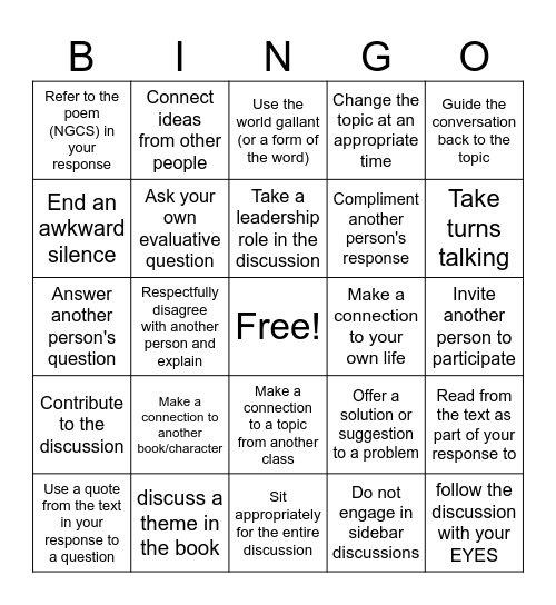 Class Discussion Bingo Card