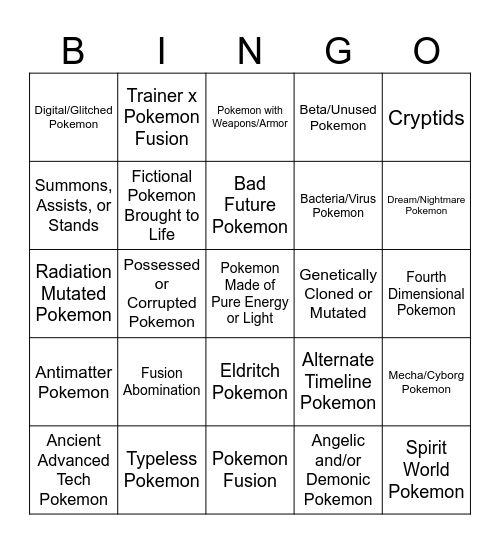 The Next "Weird" Pokemon Bingo Card