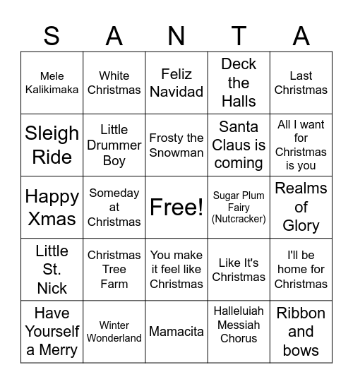 Christmas Songs Bingo Card