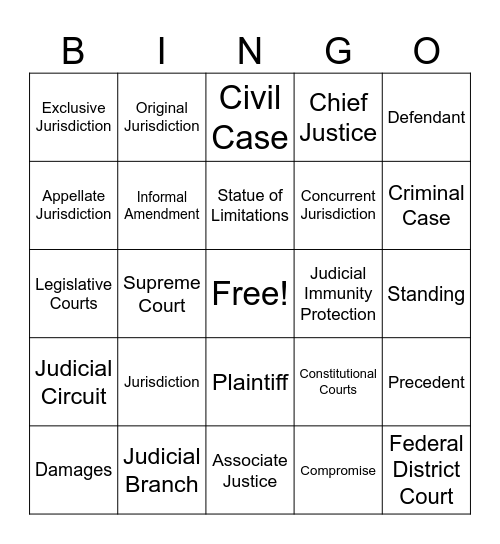 Judicial Branch Vocabulary Bingo Card