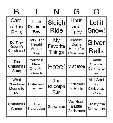 Holiday Song Bingo Card