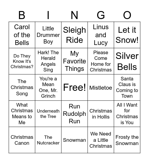 Holiday Song Bingo Card