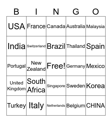 Country BINGO Card