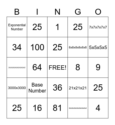 Exponent Bingo Card