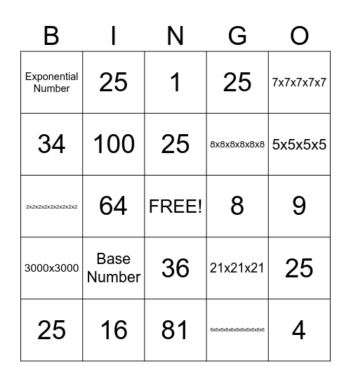 Exponent Bingo Card