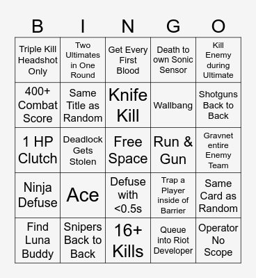 SPIKE RUSH VALORANT BINGO Card