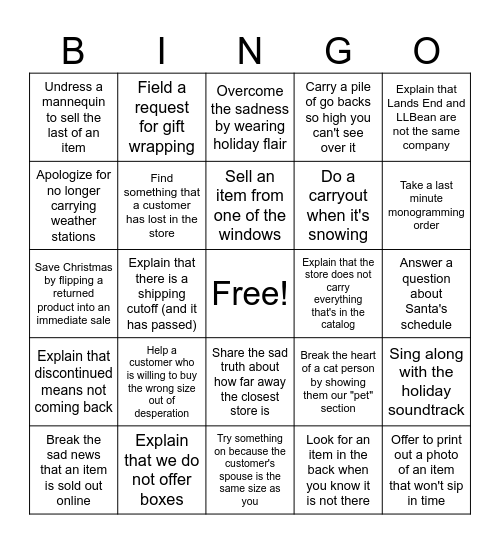 Sad Holiday Bingo Card