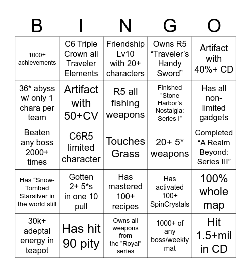Genshin BINGO but Go Touch Grass Bingo Card
