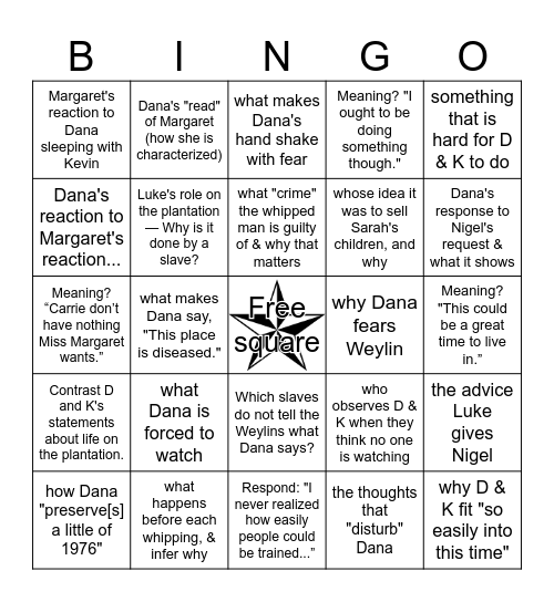 Kindred, "The Fall" Parts 6 & 7 Bingo Card