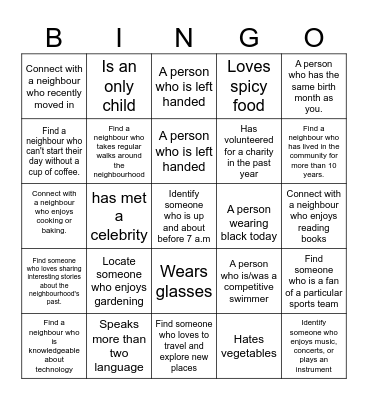 Get to know your neighbours Bingo Card