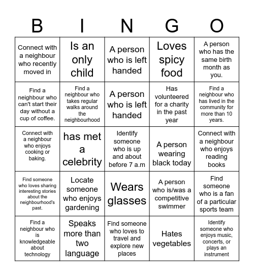 Get to know your neighbours Bingo Card