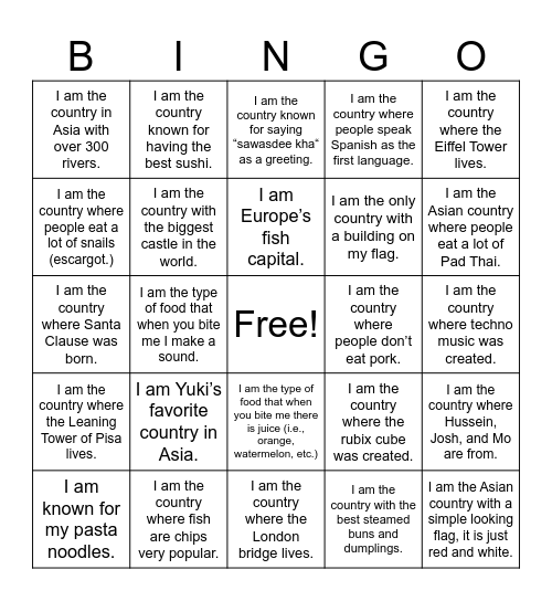 Let’s Go to Europe and Asia! Bingo Card