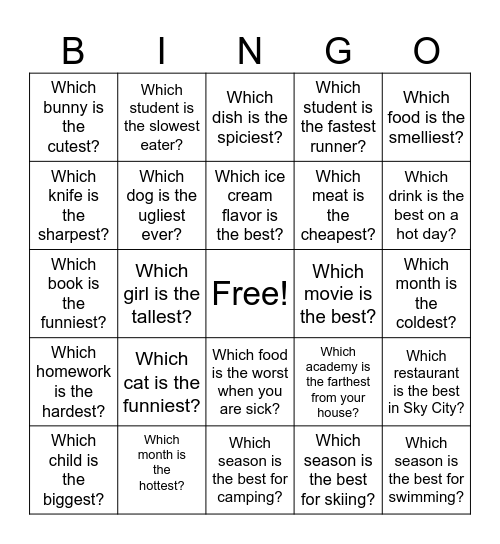 Superlative Questions Bingo Card