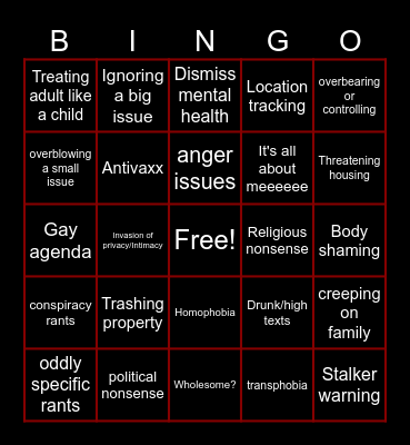 Insane Parents Bingo Card