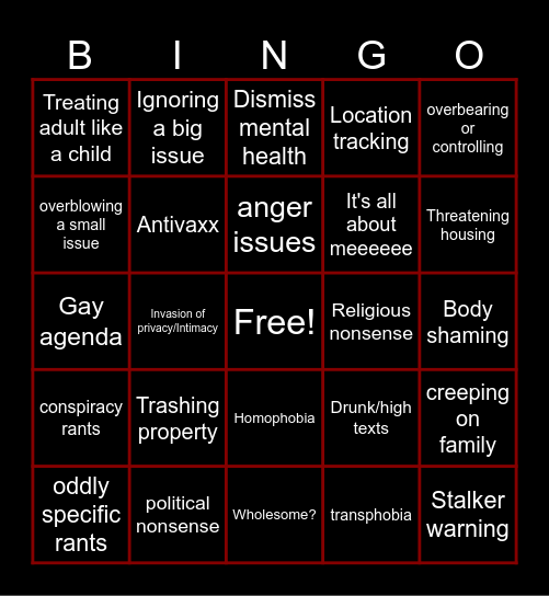 Insane Parents Bingo Card