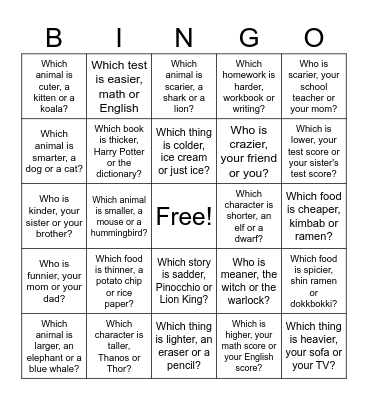 Comparative Questions Bingo Card