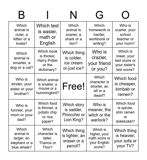 Comparative Questions Bingo Card