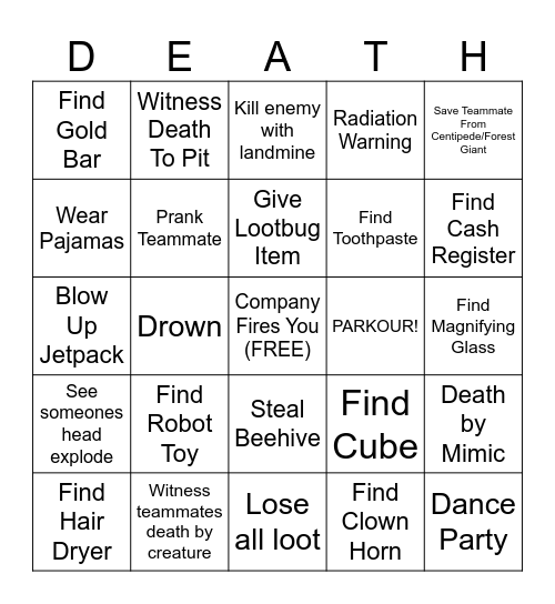 Lethal Company Death/Moments Bingo Card