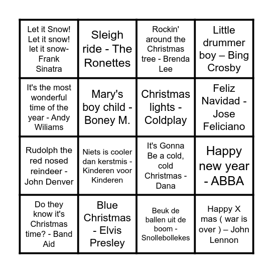 Kersmuziek Bingo Card