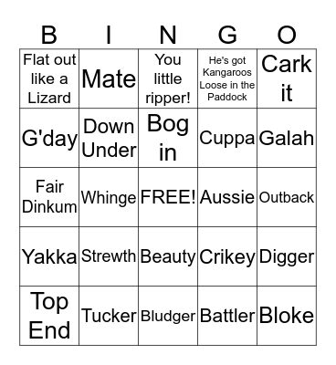Australian Slang Bingo Card
