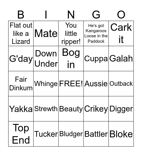 Australian Slang Bingo Card