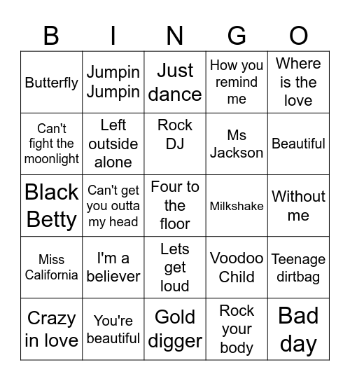 Noughties Music Bingo Card