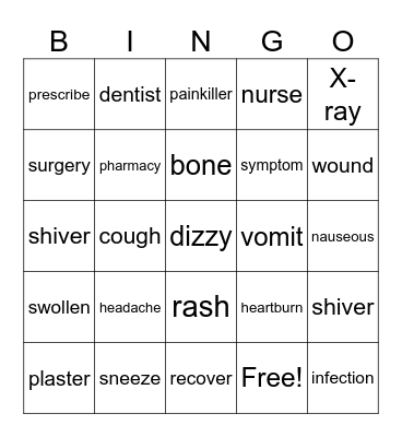 Health vocabulary Bingo Card