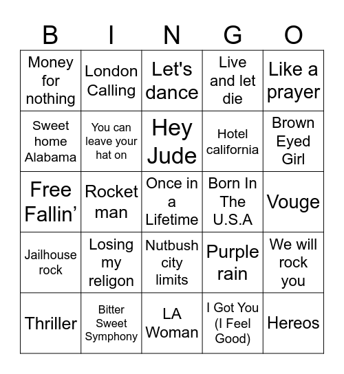 Greatest songs of all time Bingo Card