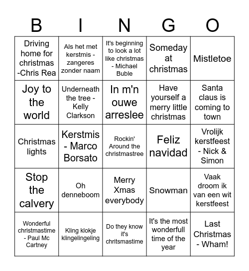 Kerst muziek engels en nederlands Bingo Card