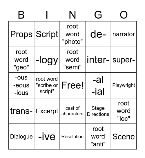 Drama and Affixes Vocabulary Bingo Card