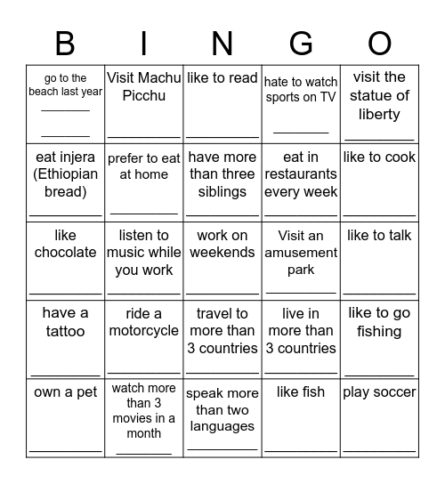 Get to know you Blackout Bingo.     Ask a classmate a question.  If he or she answers, "yes," write his or her name Bingo Card