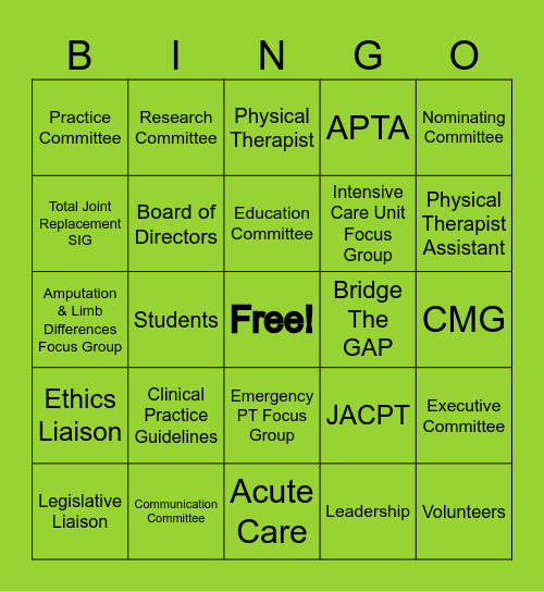 APTA Acute Care Bingo Card