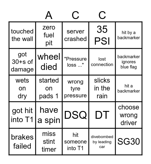 ACC Endurance Bingo Card