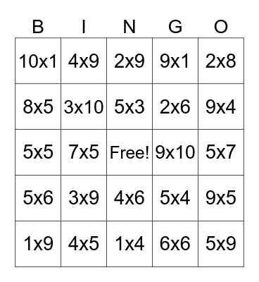 Multiplication Bingo Card