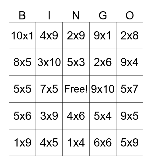 Multiplication Bingo Card