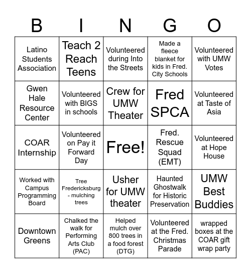 Impact Student Volunteering Fall 2023 Bingo Card
