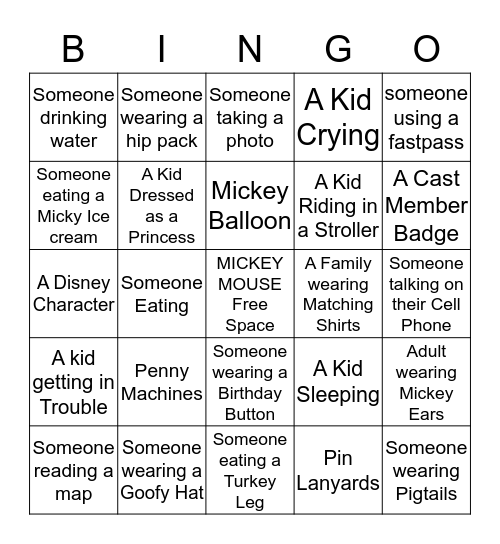 Disney World Park Bingo Card