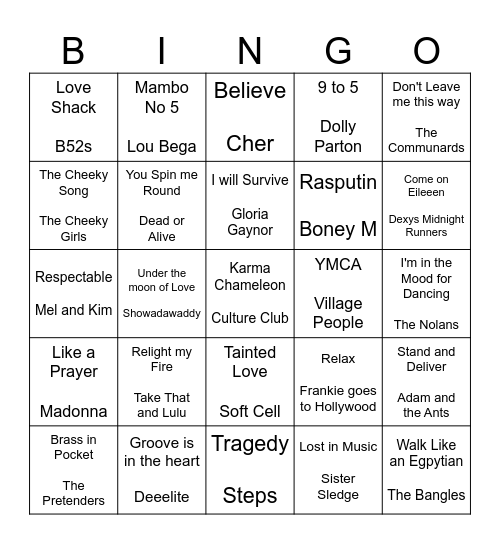 Party Anthems Bingo Card