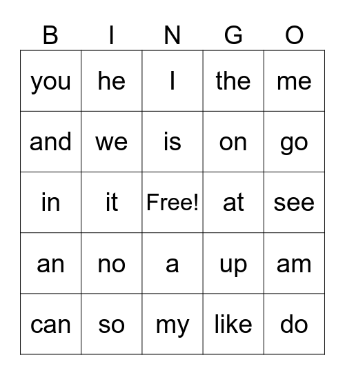 K High Frequency Words Bingo Card