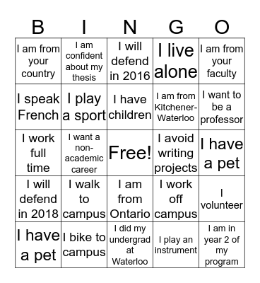 Dissertation Boot Camp Bingo Card