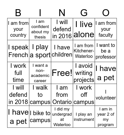 Dissertation Boot Camp Bingo Card