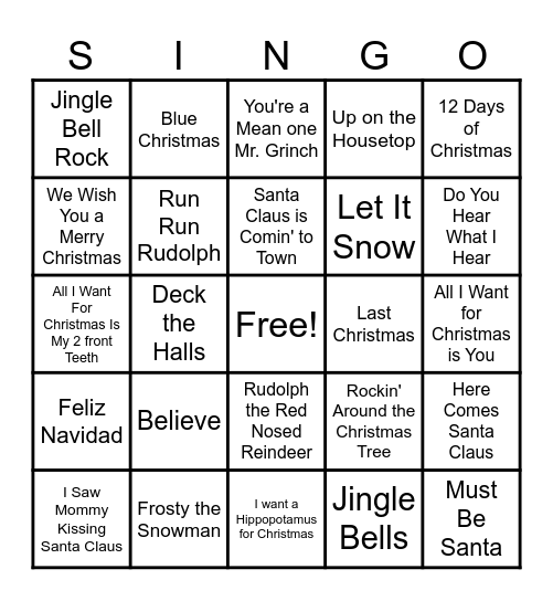 Holiday S-I-N-G-O Bingo Card
