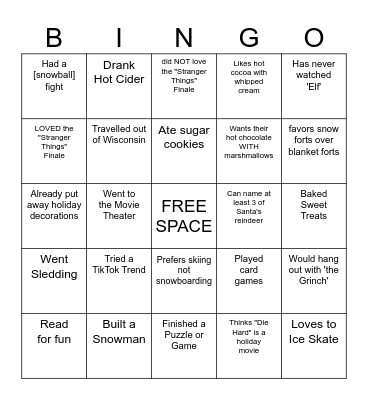 Winter Break Bingo Card