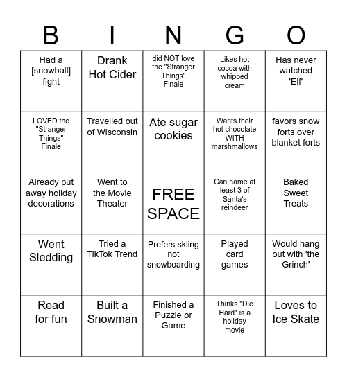 Winter Break Bingo Card