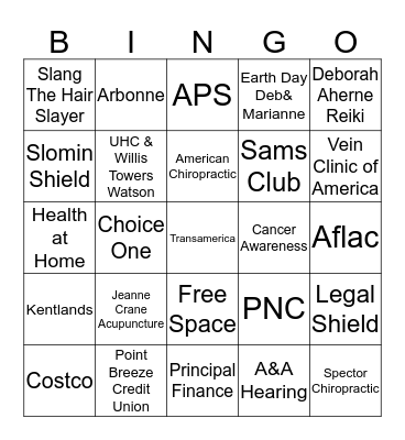 Employee Health Fair 4/22/16 Bingo Card