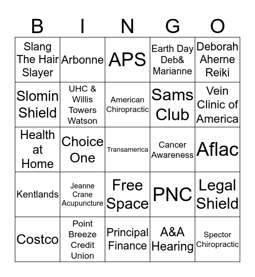 Employee Health Fair 4/22/16 Bingo Card