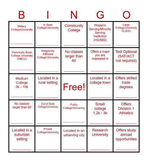 Cardinals College Fair Bingo Card