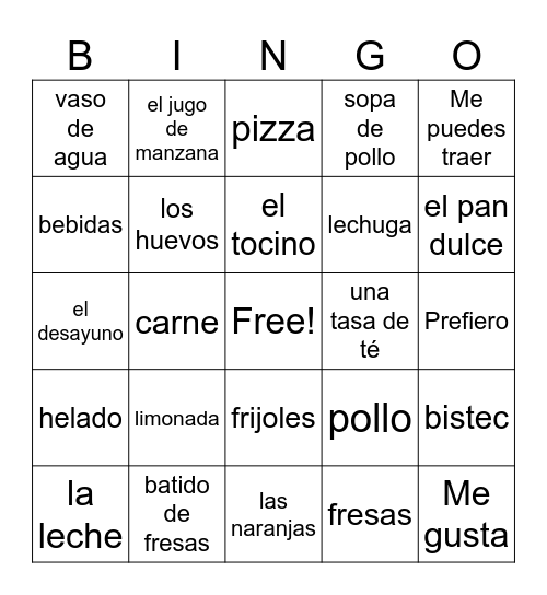 Comida Bingo Card